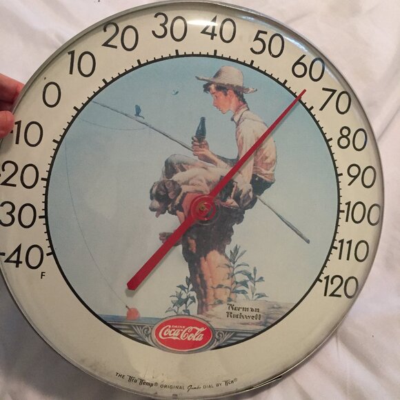 Coca Cola Thermometer Norman Rockwell Fishing Boy Tru Temp Jumbo Vtg TCA Coke N - Picture 1 of 6